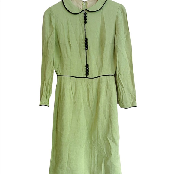 Vintage 60s Dress Peter Pan Collar Linen Twee Spring Green A Line S - Picture 3 of 7